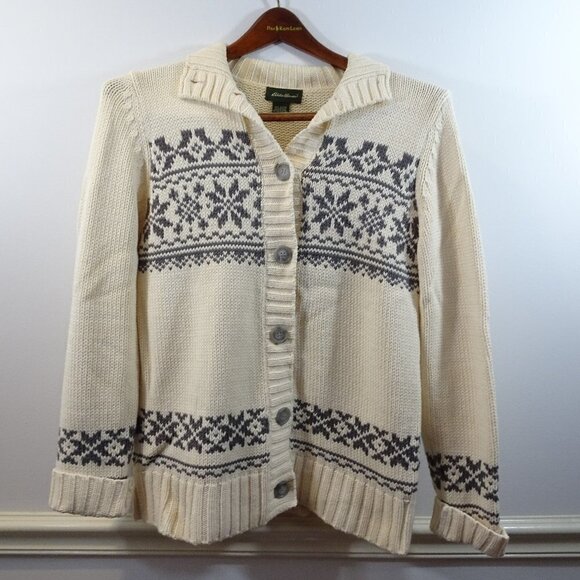 Eddie Bauer Women’s Cotton-Blend Chunky Knit Snowflake Cardigan Sweater Size M - Picture 1 of 7